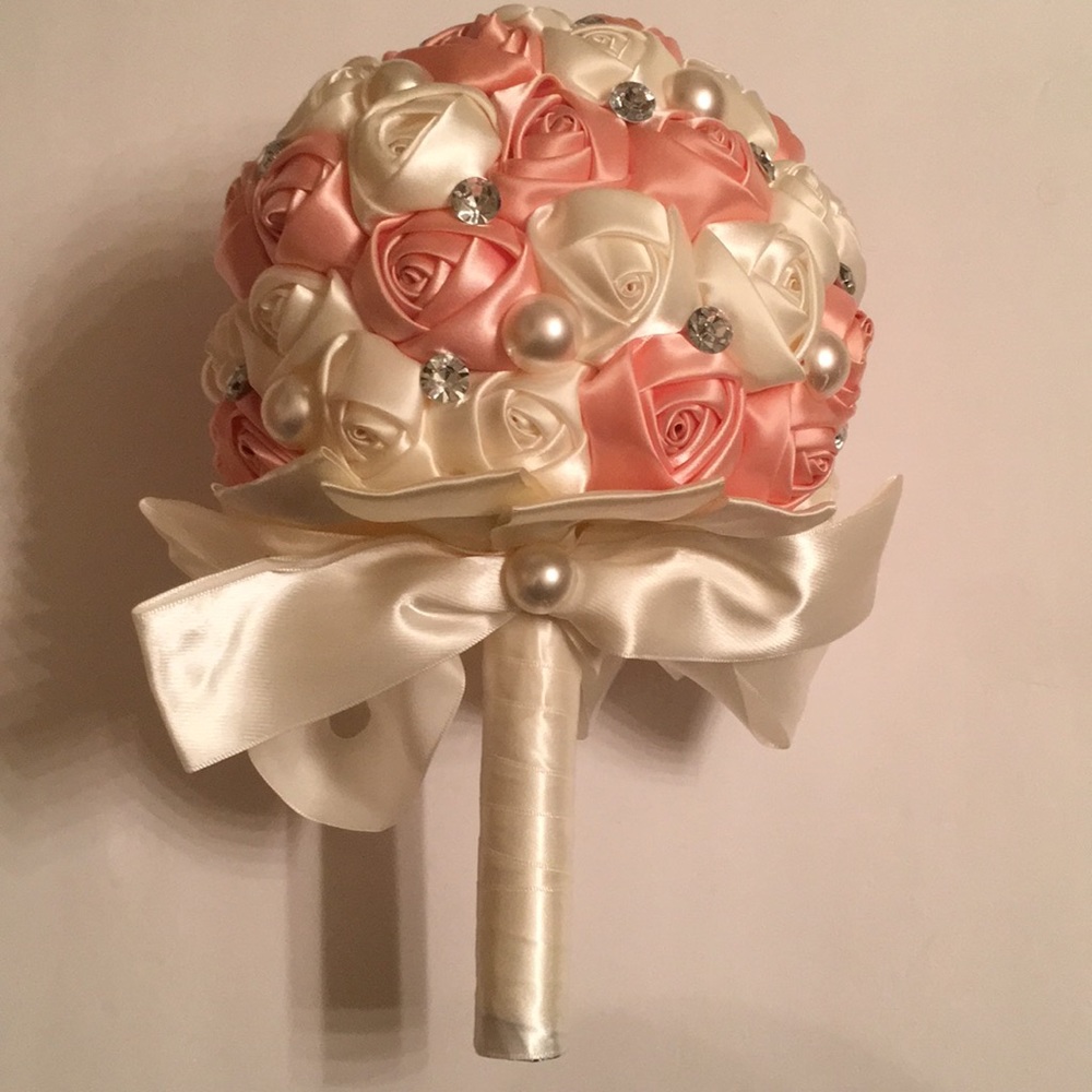 Satin pink and champagne flower bridal bouquet